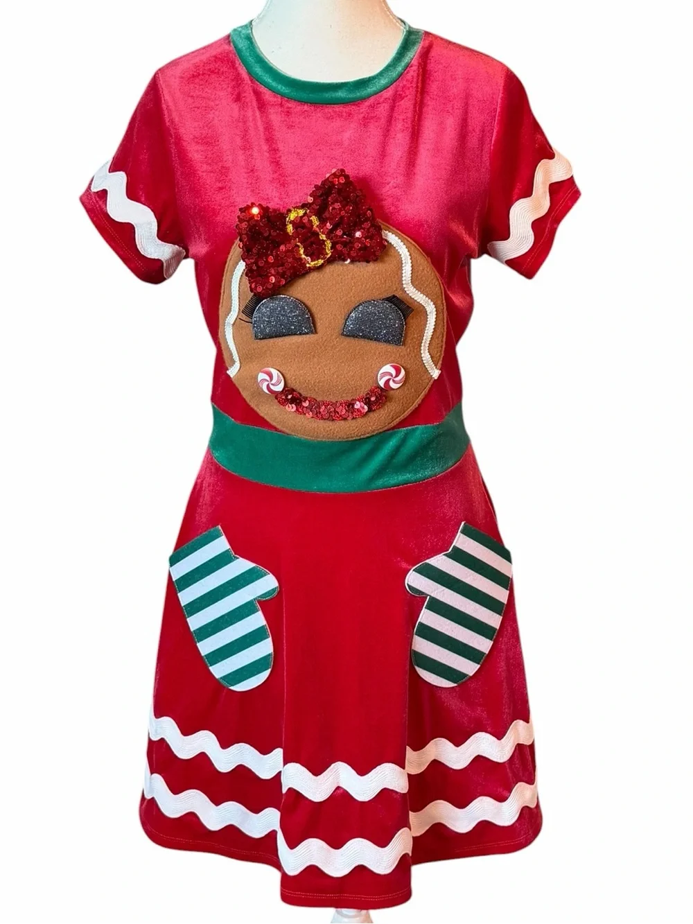 Christmas Dress- Women’s Red Gingerbread Dress Costume w/ Glittery Bow & Pocket